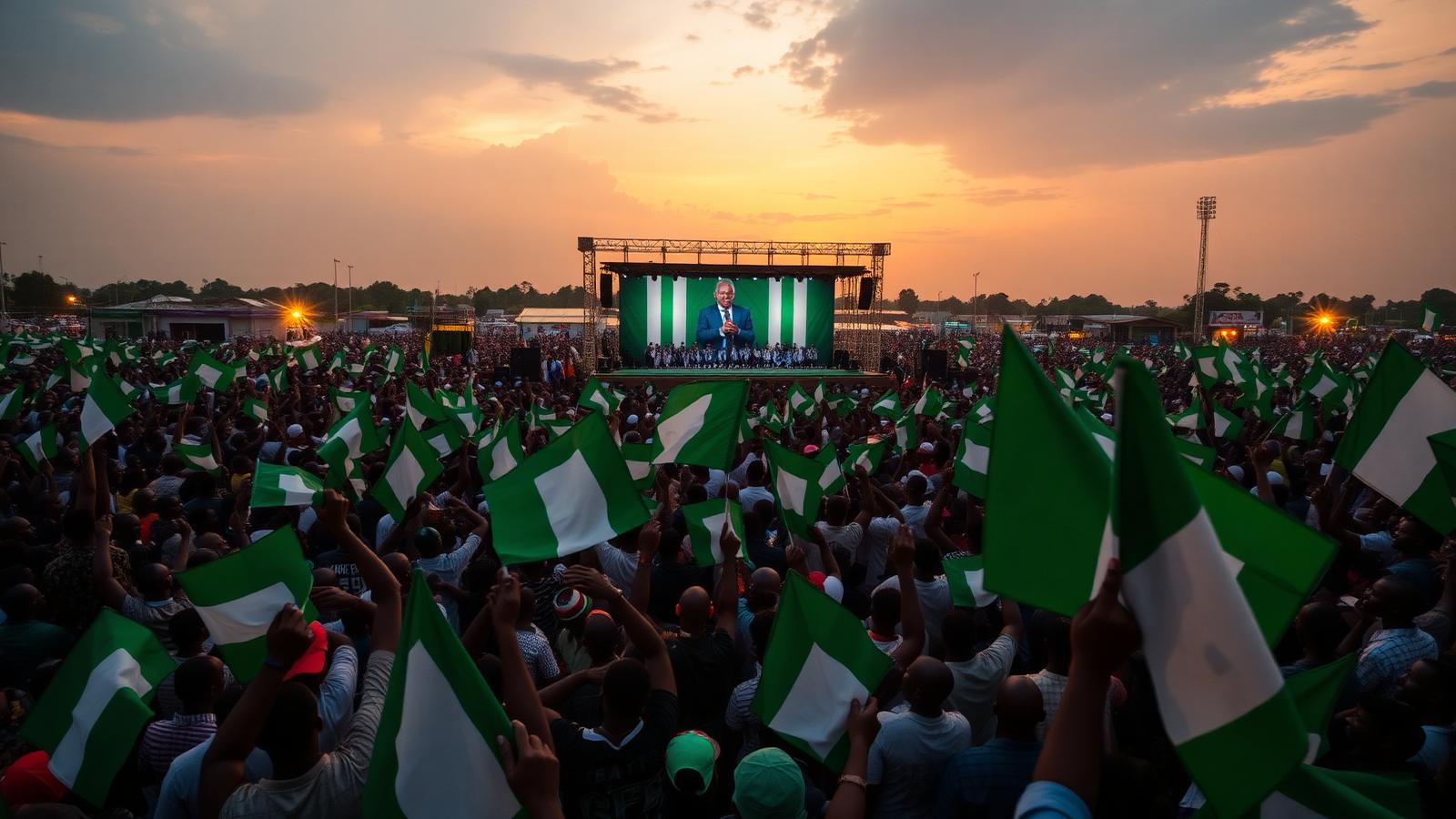 Nigerian political rally at dusk